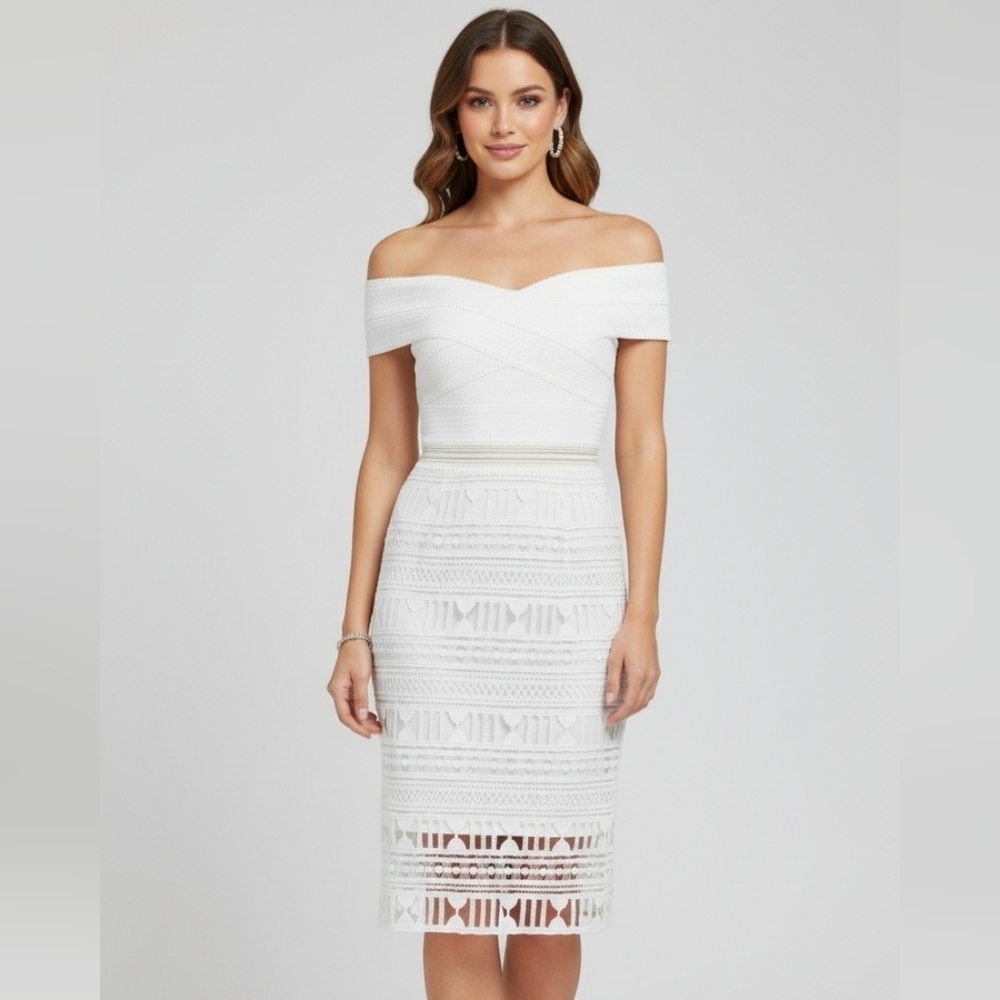 Main Strip White Off Shoulder Embroidered Zipper Back Women's Midi Dress Size M